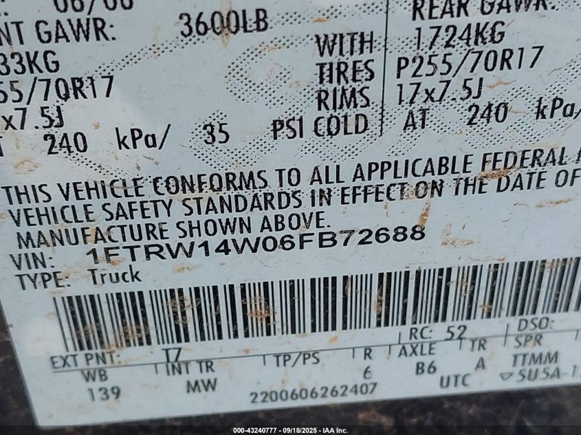 2006 Ford F-150 Xlt VIN: 1FTRW14W06FB72688 Lot: 43240777