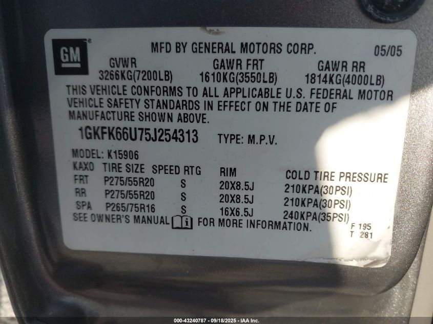 2005 GMC Yukon Xl 1500 Denali VIN: 1GKFK66U75J254313 Lot: 43240787