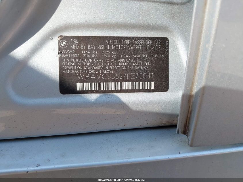 2007 BMW 328I VIN: WBAVC53527FZ75041 Lot: 43240788