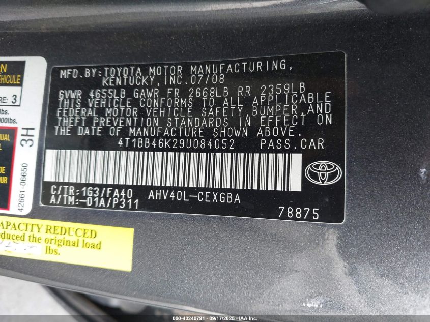 2009 Toyota Camry Hybrid VIN: 4T1BB46K29U084052 Lot: 43240791