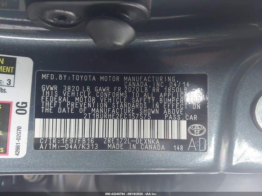 2014 Toyota Corolla Le VIN: 2T1BURHE2EC157575 Lot: 43240794