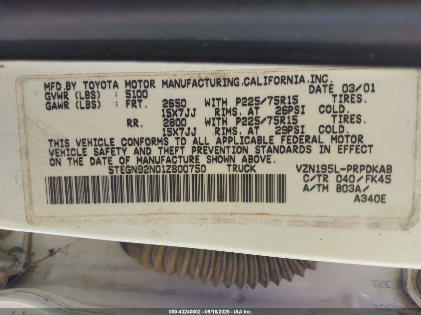 2001 Toyota Tacoma Prerunner V6 VIN: 5TEGN92N01Z800750 Lot: 43240802