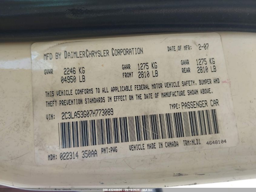 2007 Chrysler 300 Touring VIN: 2C3LA53G07H773089 Lot: 43240806