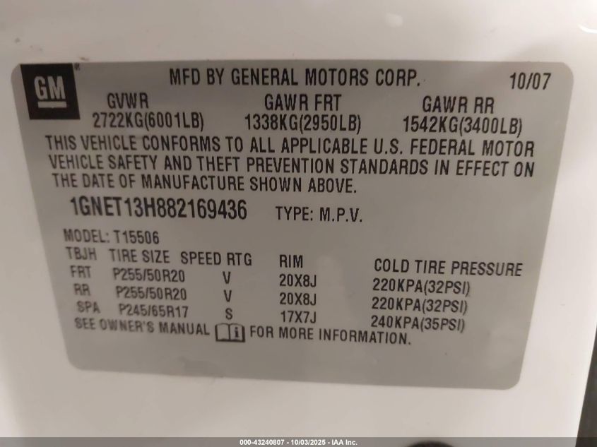 2008 Chevrolet Trailblazer Ss VIN: 1GNET13H882169436 Lot: 43240807