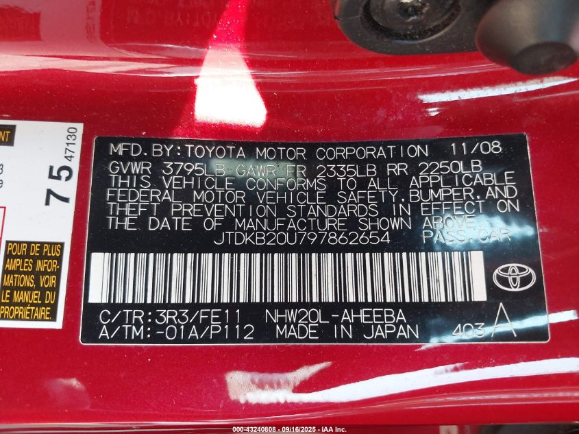 2009 Toyota Prius VIN: JTDKB20U797862654 Lot: 43240808