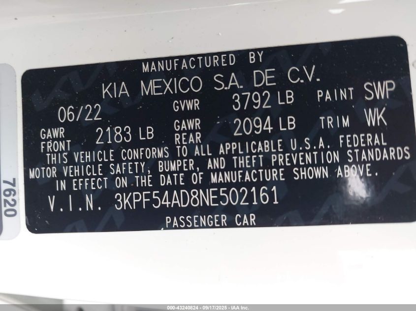 2022 Kia Forte Gt-Line VIN: 3KPF54AD8NE502161 Lot: 43240824