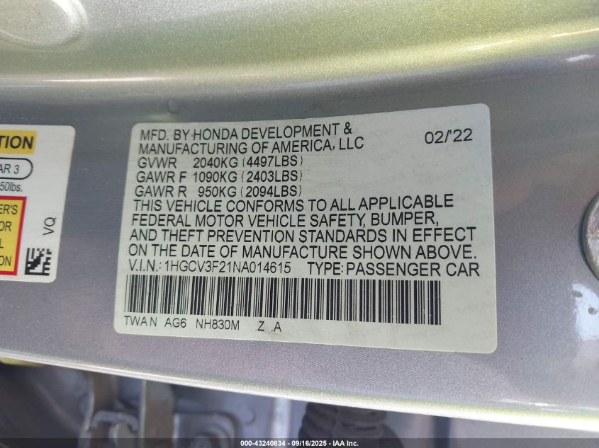 2022 Honda Accord Hybrid Sport VIN: 1HGCV3F21NA014615 Lot: 43240834