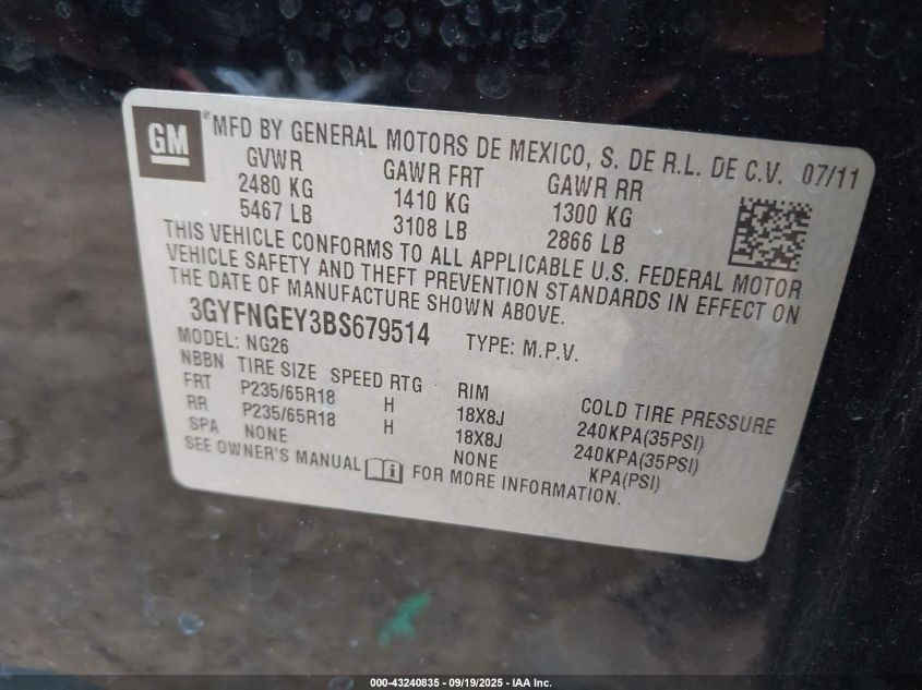 2011 Cadillac Srx Standard VIN: 3GYFNGEY3BS679514 Lot: 43240835