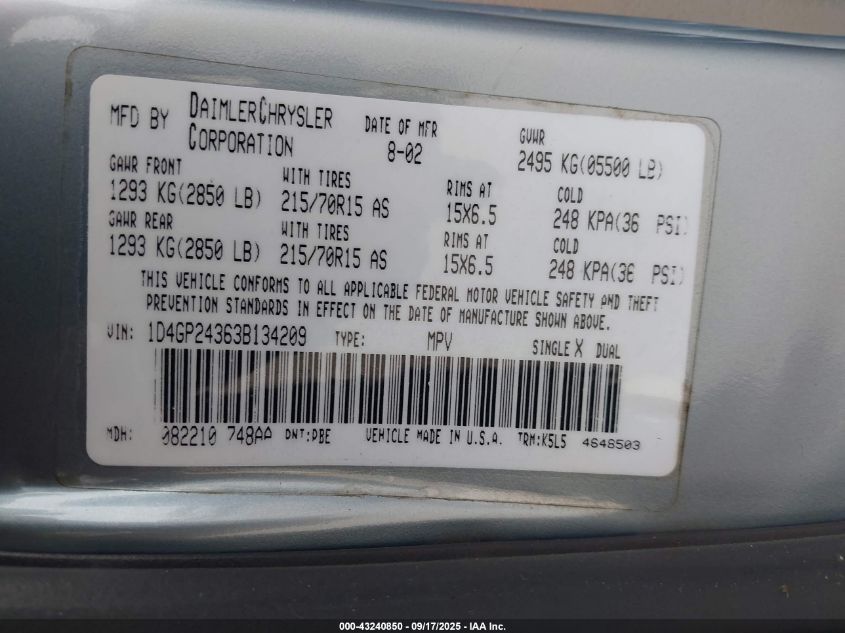 2003 Dodge Grand Caravan Se VIN: 1D4GP24363B134209 Lot: 43240850