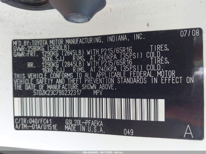 2009 Toyota Sienna Le VIN: 5TDZK23C79S232317 Lot: 43240852