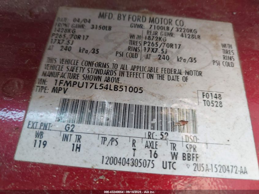 2004 Ford Expedition Eddie Bauer VIN: 1FMPU17L54LB51005 Lot: 43240854