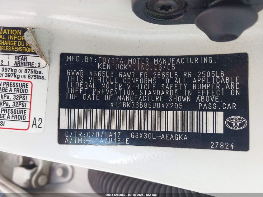 2005 Toyota Avalon Xls VIN: 4T1BK36B85U047205 Lot: 43240882