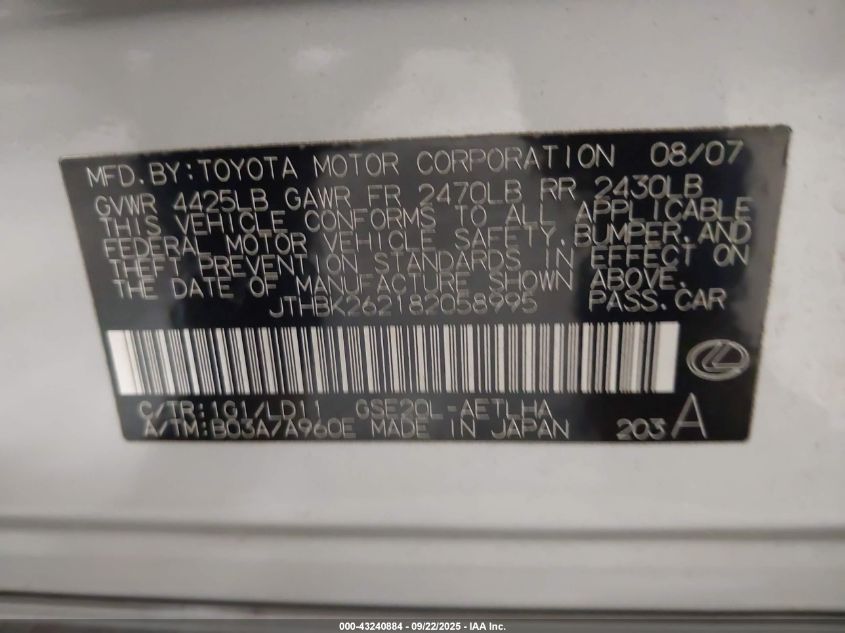 2008 Lexus Is 250 VIN: JTHBK262182058995 Lot: 43240884
