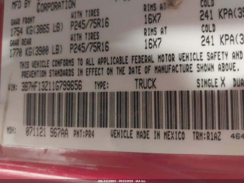 2001 Dodge Ram 1500 St VIN: 3B7HF13Z11G799656 Lot: 43240883