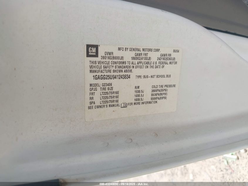 2004 Chevrolet Express VIN: 1GAGG25U941243834 Lot: 43240890