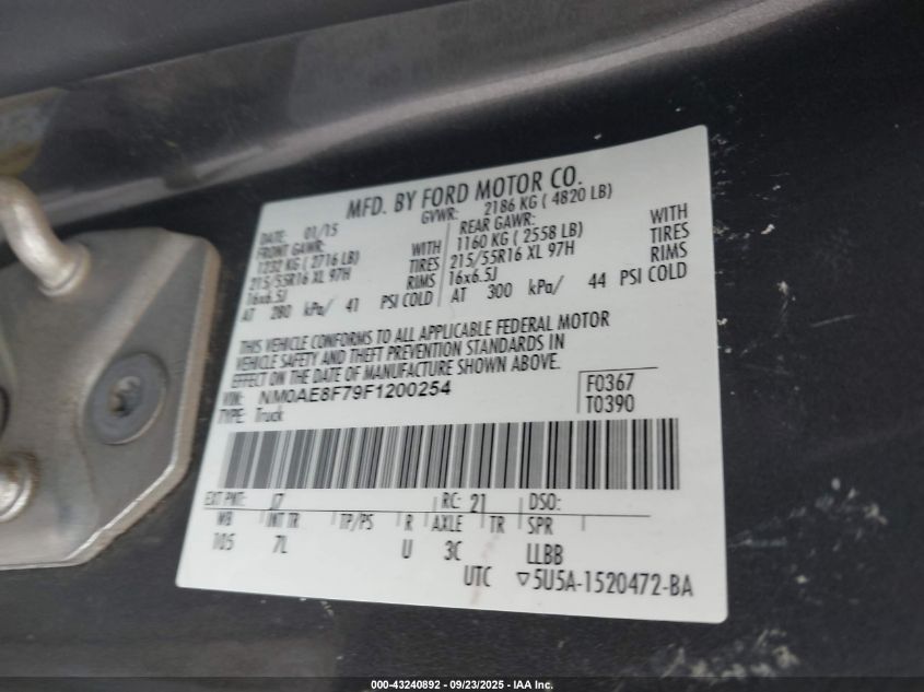 2015 Ford Transit Connect Xlt VIN: NM0AE8F79F1200254 Lot: 43240892