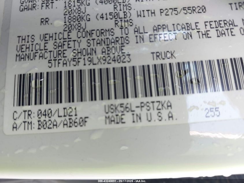 2020 Toyota Tundra 1794 Edition VIN: 5TFAY5F19LX924023 Lot: 43240891