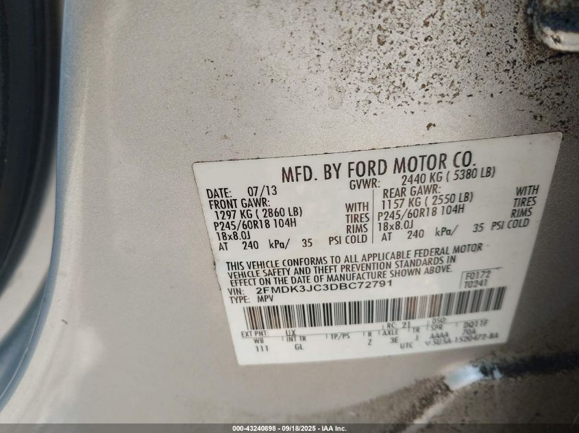 2013 Ford Edge Sel VIN: 2FMDK3JC3DBC72791 Lot: 43240898