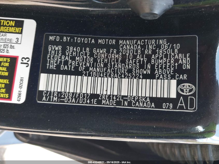 2010 Toyota Corolla S VIN: 2T1BU4EE8AC425224 Lot: 43240921