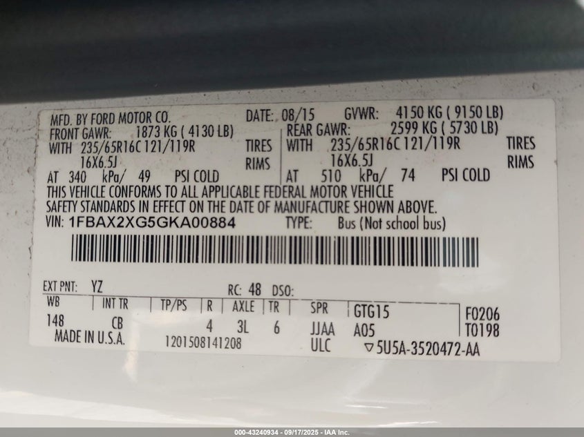 2016 Ford Transit-350 Xlt VIN: 1FBAX2XG5GKA00884 Lot: 43240934