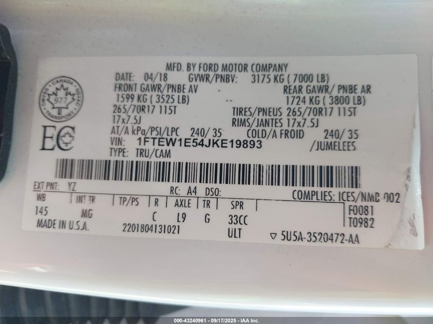 2018 Ford F-150 Xlt VIN: 1FTEW1E54JKE19893 Lot: 43240961