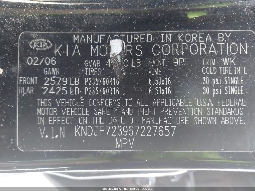 2006 Kia Sportage Ex V6/Lx V6 VIN: KNDJF723967227657 Lot: 43240977