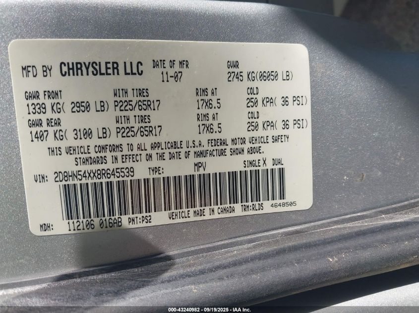 2008 Dodge Grand Caravan Sxt VIN: 2D8HN54XX8R645539 Lot: 43240982