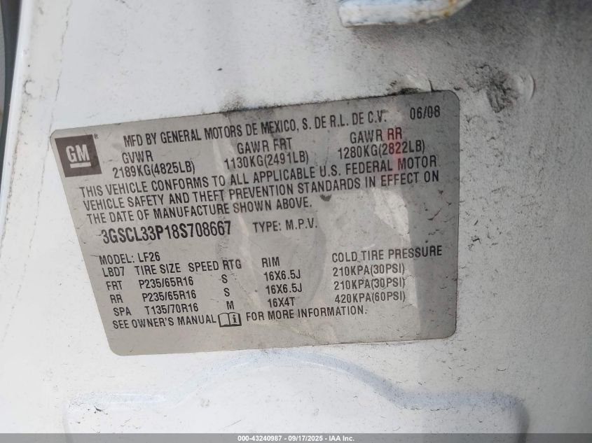 2008 Saturn Vue 4-Cyl Xe VIN: 3GSCL33P18S708667 Lot: 43240987