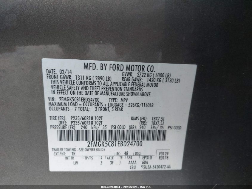 2014 Ford Flex Sel VIN: 2FMGK5C81EBD24700 Lot: 43241004