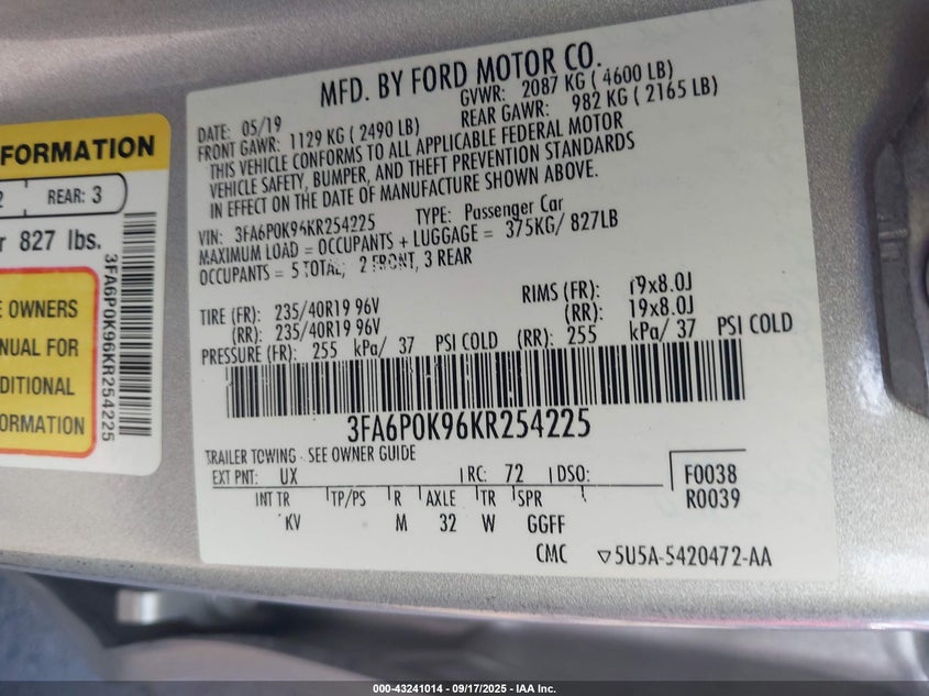 2019 Ford Fusion Titanium VIN: 3FA6P0K96KR254225 Lot: 43241014