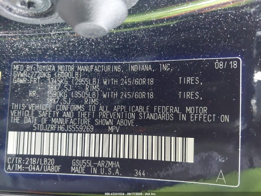 2018 Toyota Highlander Xle VIN: 5TDJZRFH6JS559269 Lot: 43241034
