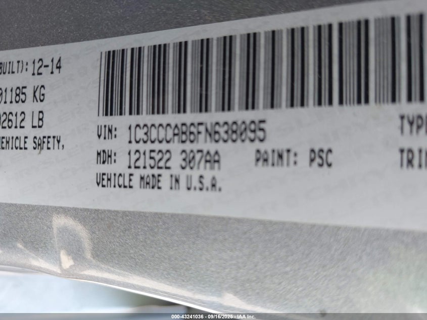 2015 Chrysler 200 Limited VIN: 1C3CCCAB6FN638095 Lot: 43241036