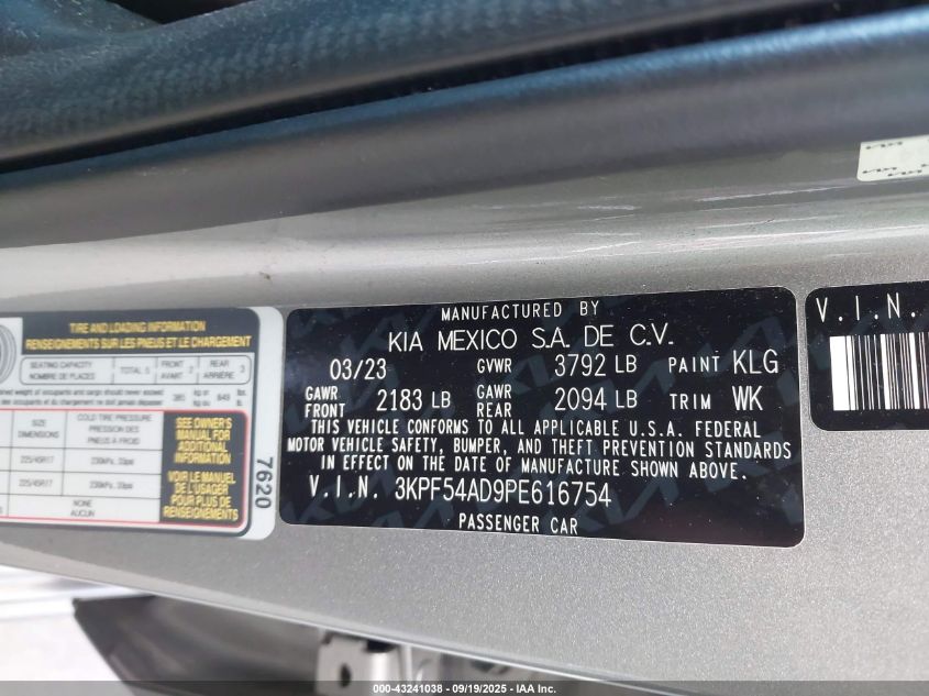 2023 Kia Forte Gt-Line VIN: 3KPF54AD9PE616754 Lot: 43241038
