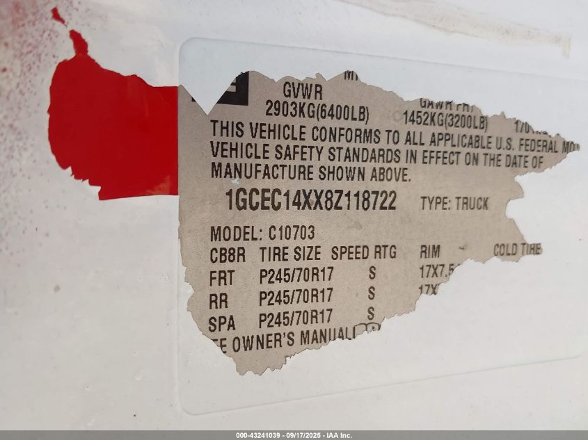 2008 Chevrolet Silverado 1500 Work Truck VIN: 1GCEC14XX8Z118722 Lot: 43241039