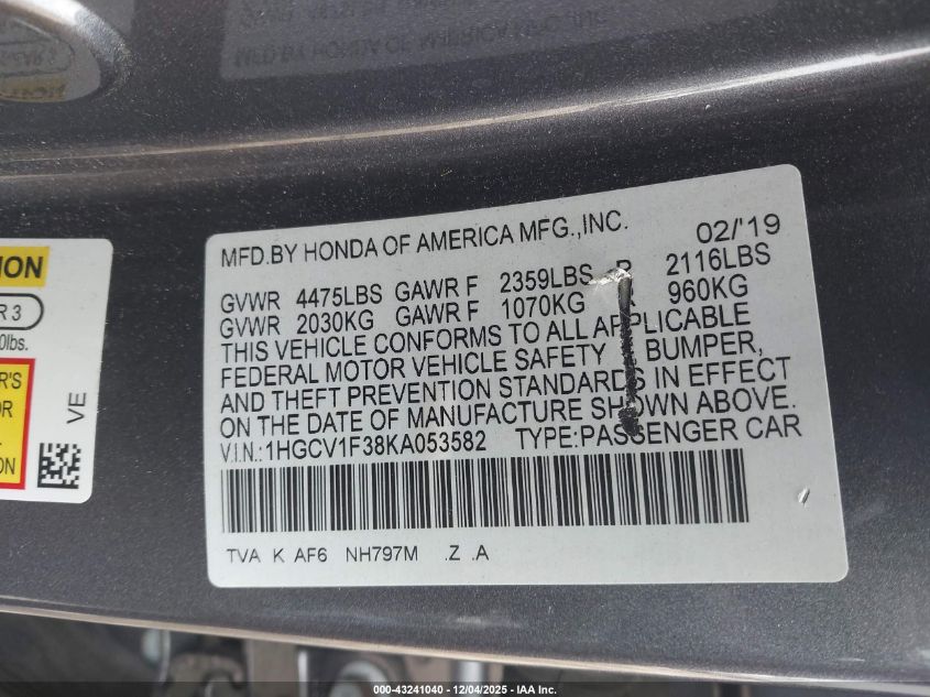 2019 Honda Accord Sport VIN: 1HGCV1F38KA053582 Lot: 43241040