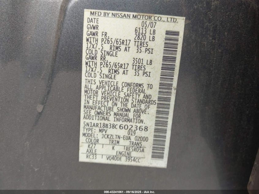 2008 Nissan Pathfinder Se VIN: 5N1AR18B38C602368 Lot: 43241061