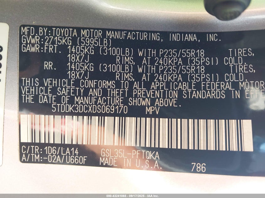 2013 Toyota Sienna Limited 7 Passenger VIN: 5TDDK3DCXDS069170 Lot: 43241065