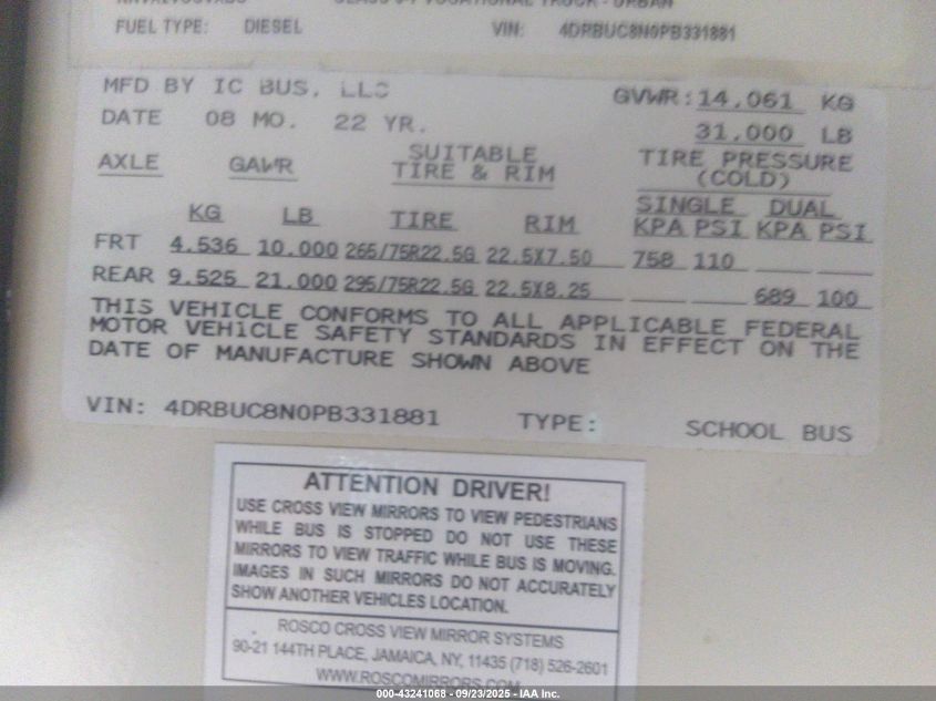 2023 Ic Corporation 3000 Ce VIN: 4DRBUC8N0PB331881 Lot: 43241068