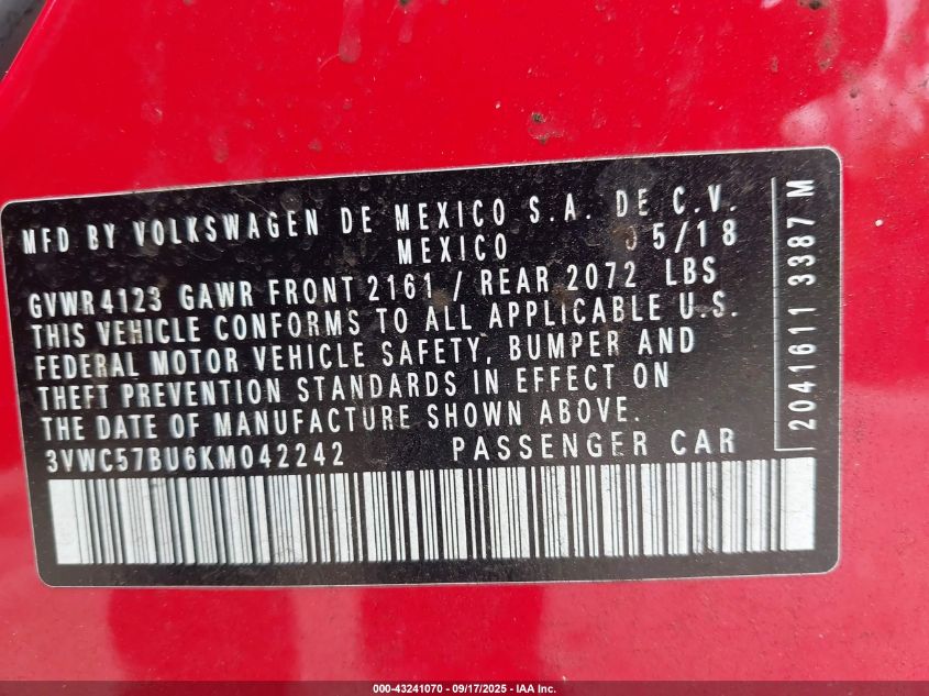 2019 Volkswagen Jetta 1.4T R-Line/1.4T S/1.4T Se VIN: 3VWC57BU6KM042242 Lot: 43241070