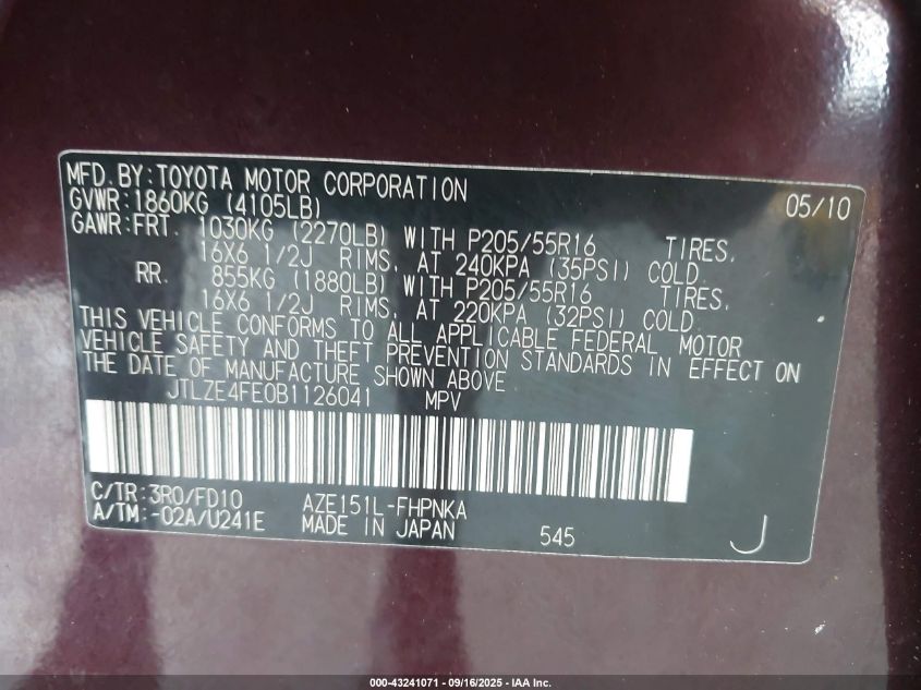 2011 Scion Xb VIN: JTLZE4FE0B1126041 Lot: 43241071