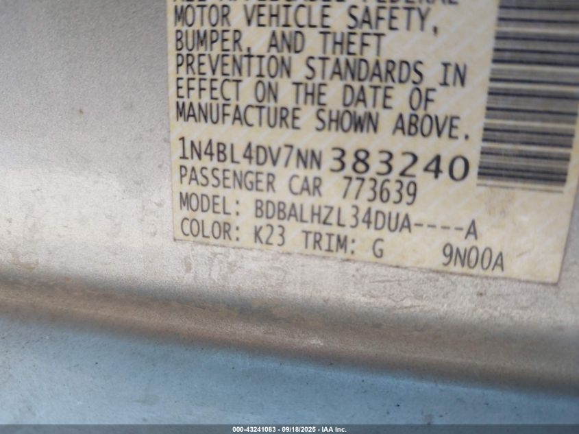 2022 Nissan Altima Sv Fwd VIN: 1N4BL4DV7NN383240 Lot: 43241083