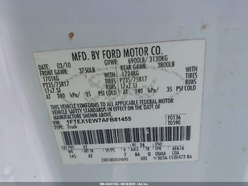 2010 Ford F-150 Stx/Xl VIN: 1FTEX1EW7AFB81455 Lot: 43241104