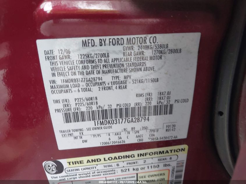 2007 Ford Freestyle Limited VIN: 1FMDK03177GA28794 Lot: 43241113