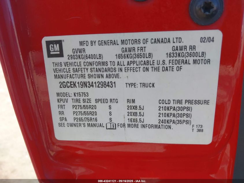 2004 Chevrolet Silverado 1500 Ss VIN: 2GCEK19N341298431 Lot: 43241121