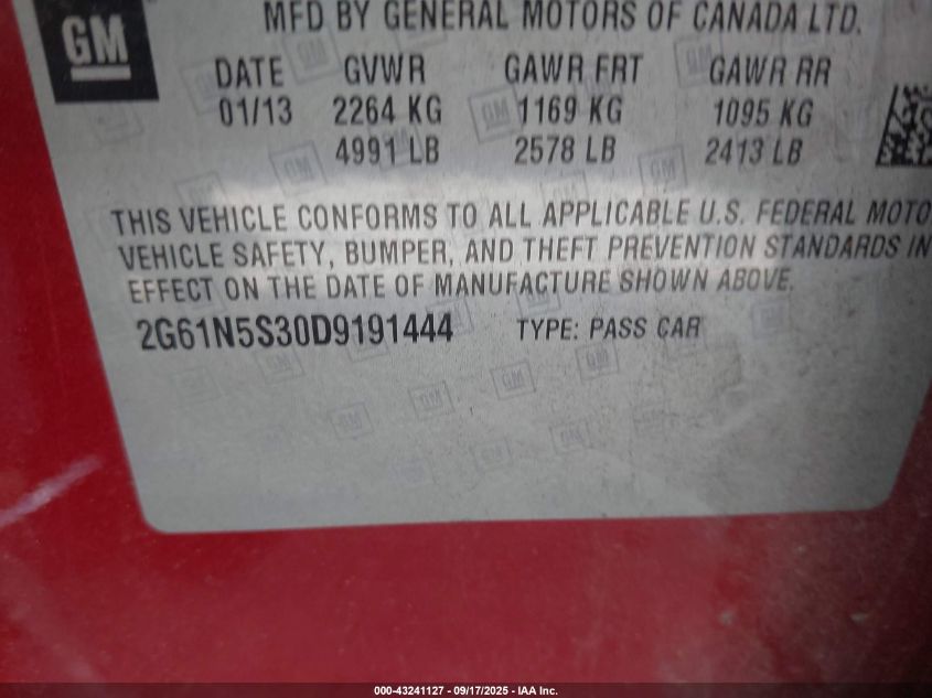 2013 Cadillac Xts Standard VIN: 2G61N5S30D9191444 Lot: 43241127