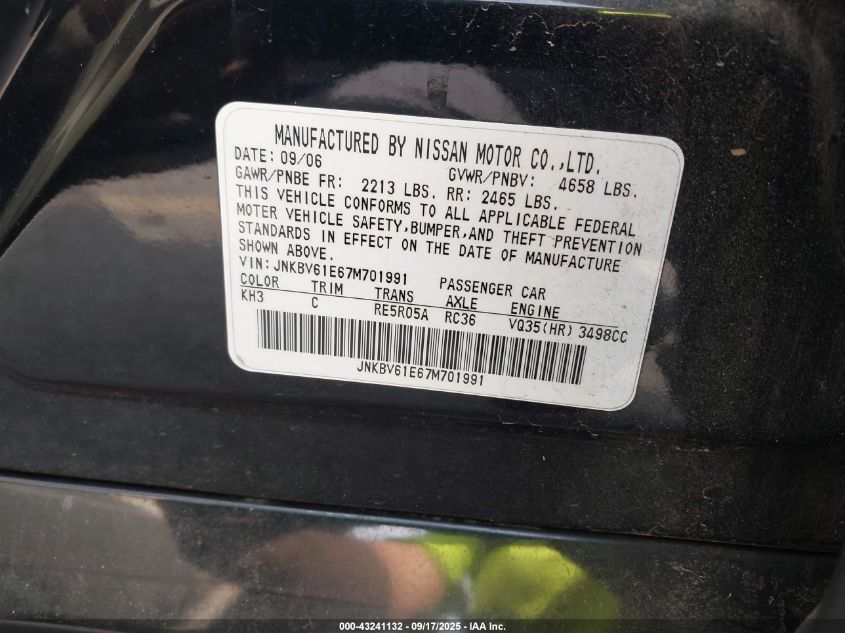 2007 Infiniti G35 Journey VIN: JNKBV61E67M701991 Lot: 43241132