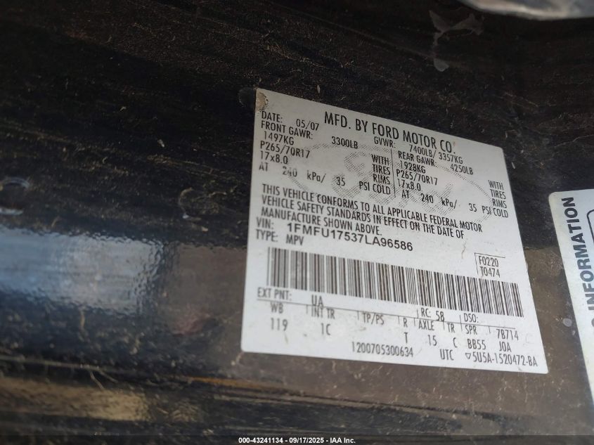 2007 Ford Expedition Eddie Bauer VIN: 1FMFU17537LA96586 Lot: 43241134