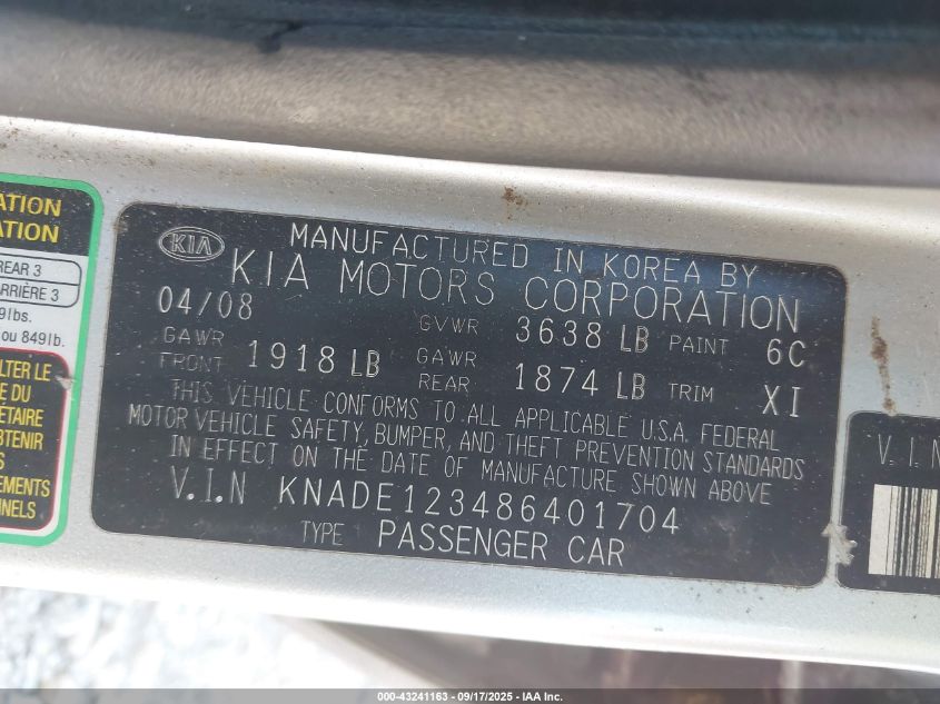 2008 Kia Rio Lx VIN: KNADE123486401704 Lot: 43241163