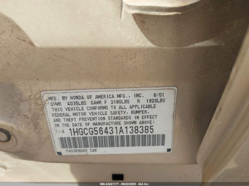2001 Honda Accord 2.3 Lx VIN: 1HGCG56431A138385 Lot: 43241177