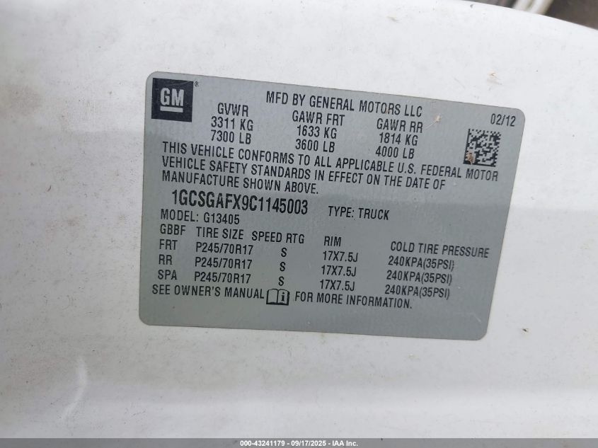 2012 Chevrolet Express 1500 Work Van VIN: 1GCSGAFX9C1145003 Lot: 43241179